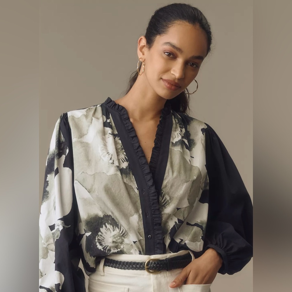 ✨NWT - Anthropologie Forever That Girl Printed Motif Ruffle Buttondown Blouse✨